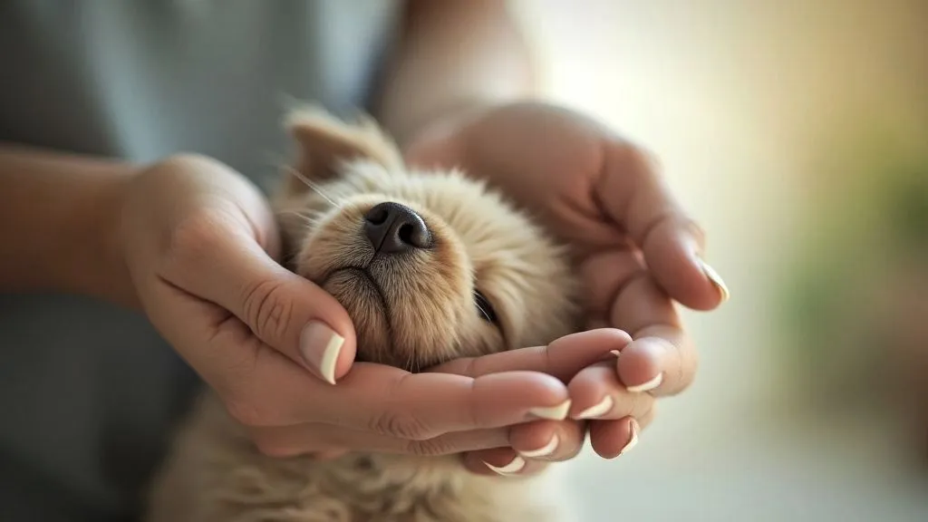 Pet owner attending to a dog's grooming needs